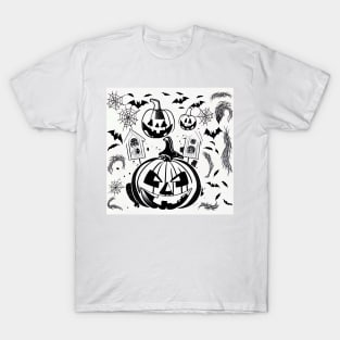 Halloween Scary Evil Pumpkin Funny Pumpkin Head Bats Cobwebs Graphic Halloween Pattern T-Shirt